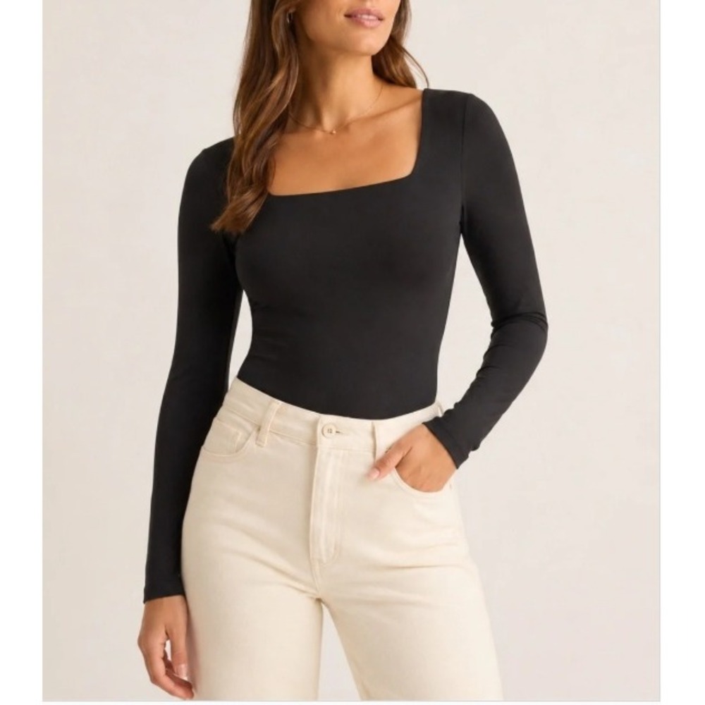 Quince Black Square Neck Bodysuit Women XL Minimalist Stretch Essential